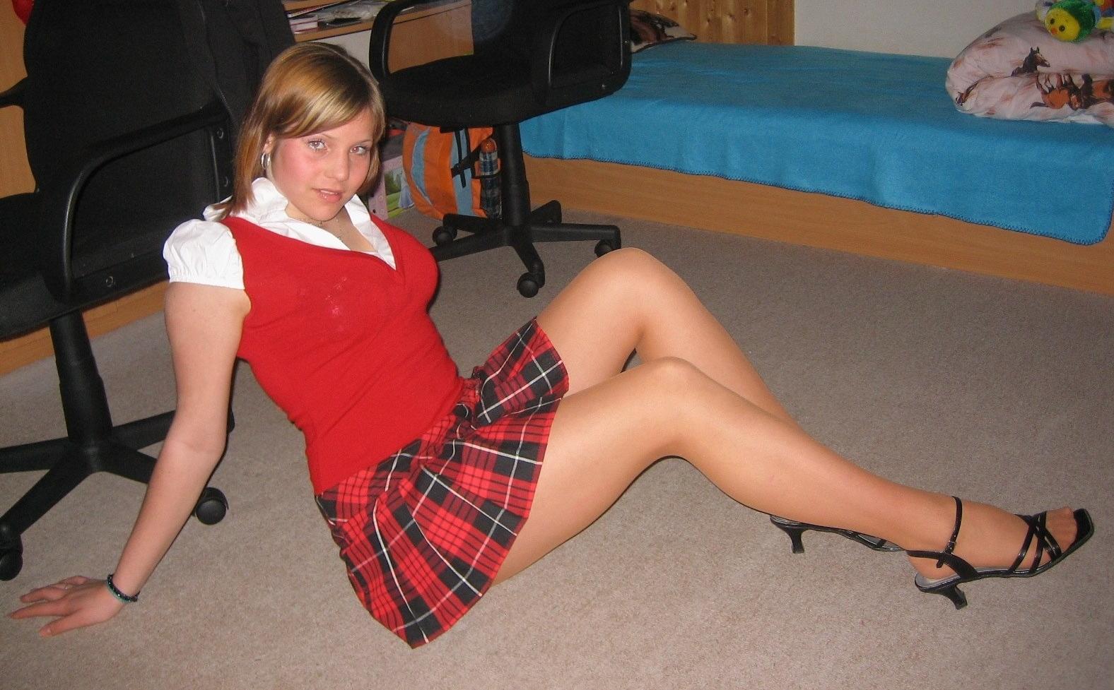 Blonde Schoolgirl wearing Tan Sheer Pantyhose and Black Sandal High Heels